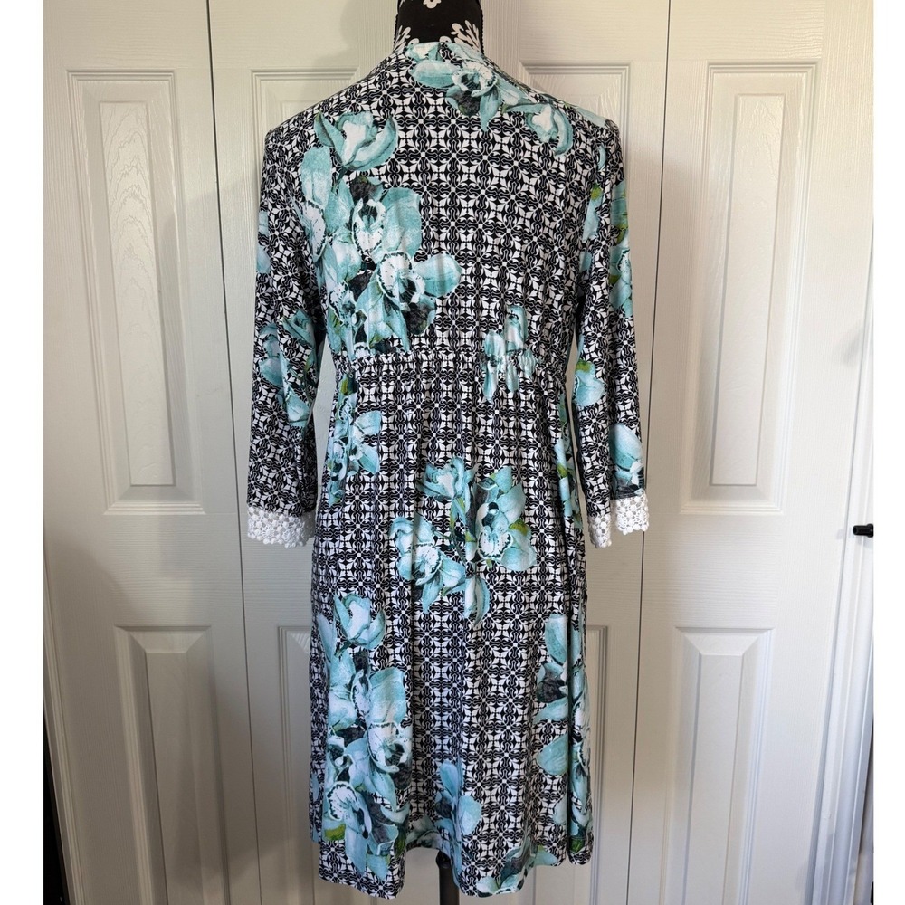 Soma Teal Floral Black Geometric Lounge Dress Nightgown Lace Trim Medium - Picture 9 of 11
